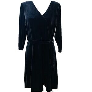 J Jill Black Velvet Dress Faux Wrap Medium‎ Below Knee Holiday Office Party Work